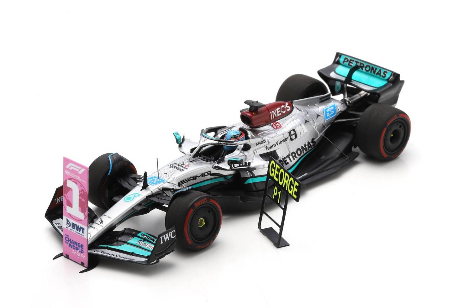 Preventa Spark 1:43 W13 G., Rusell 1st Brasil Gp (Pitboard y number board)