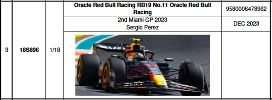 Preventa Spark 1/18 Red Bull RB19 2nd Miami Gp 2023 S. Perez