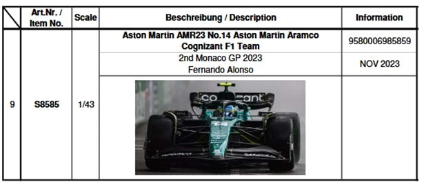 Preventa Spark 1/43 Aston Martin AMR23 2nd Monaco Gp 2023 F. Alonso